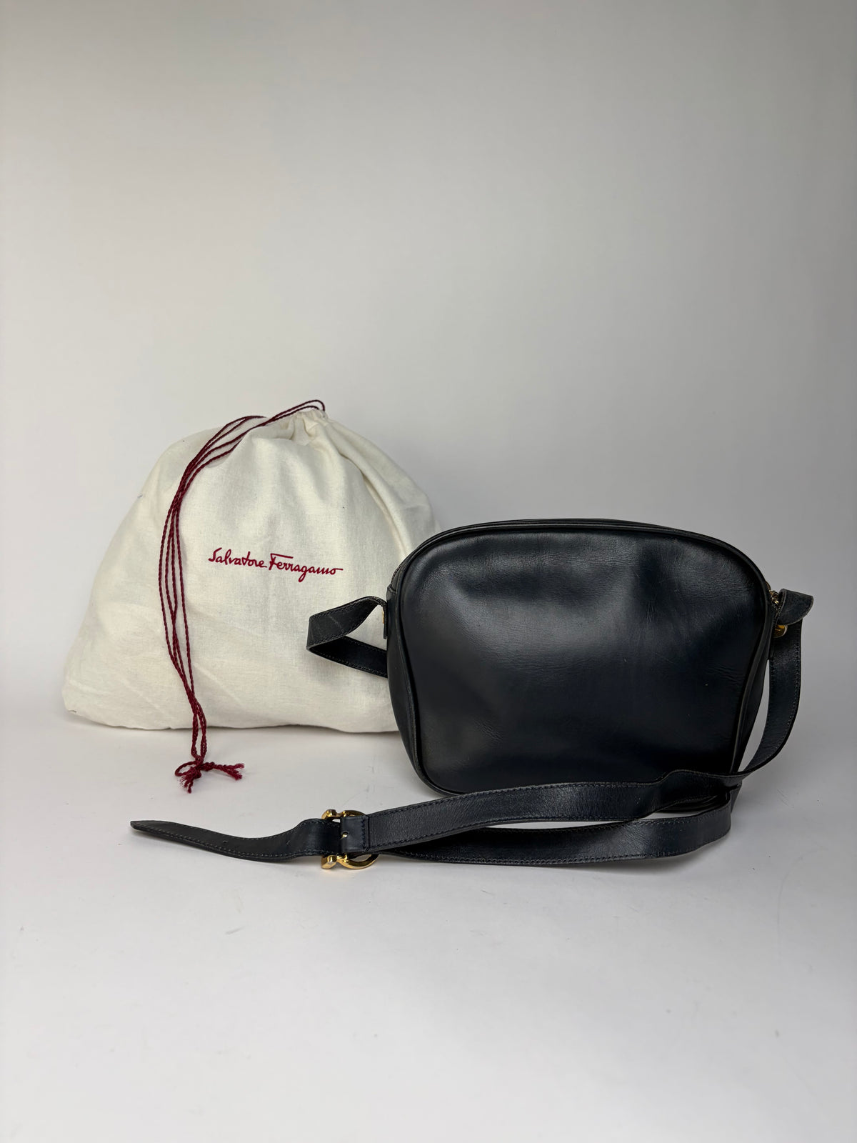 Vintage Salvatore Ferragamo Gancini Flap Crossbody Bag Late 1980s Black
