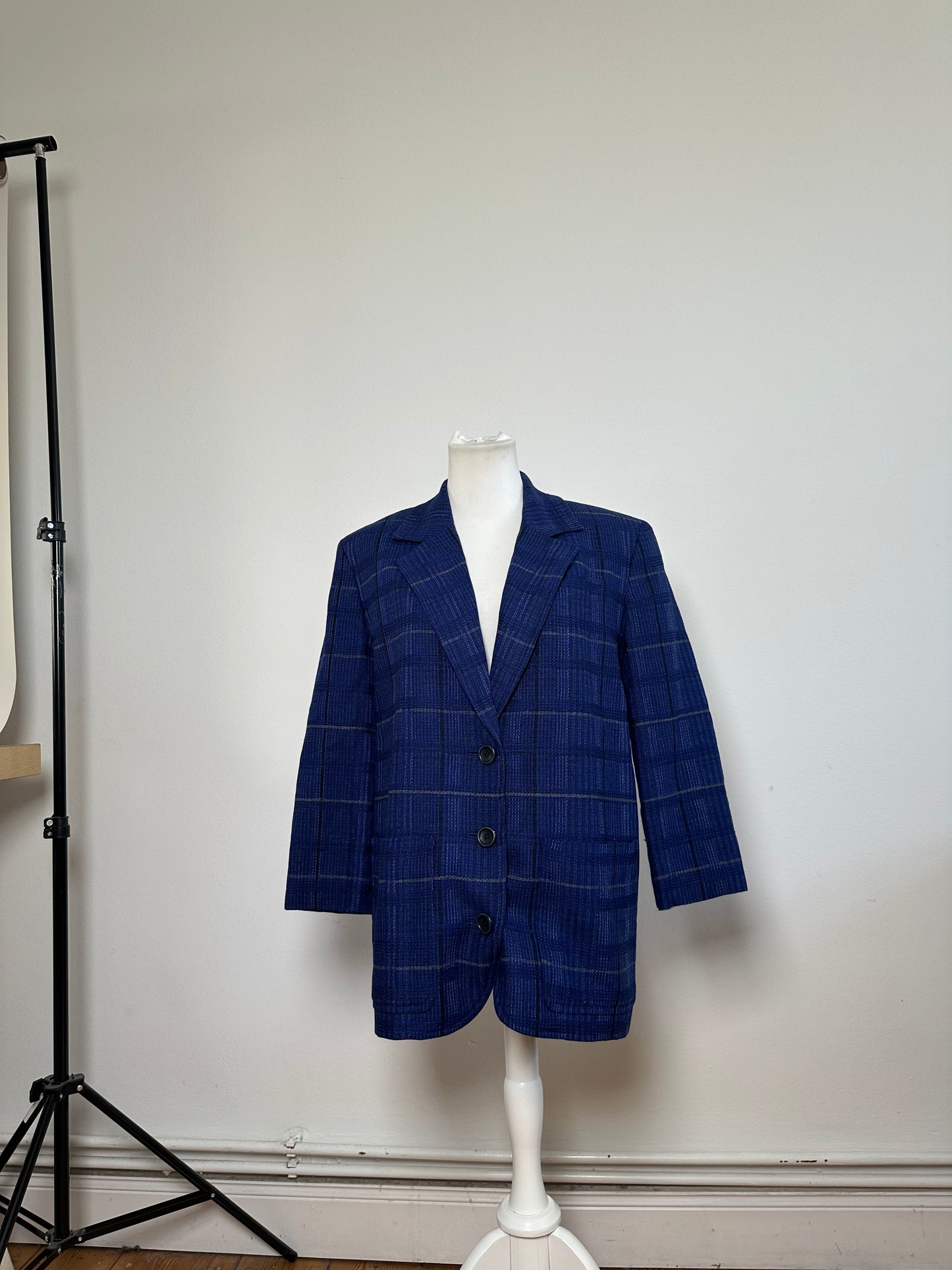 Vintage Dior Checked Wool Blend Blazer Blue L