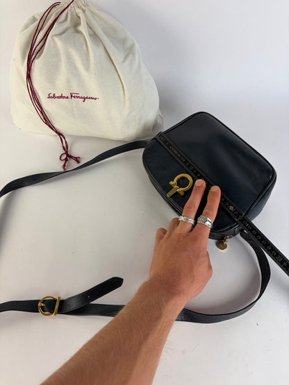 Vintage Salvatore Ferragamo Gancini Flap Crossbody Bag Late 1980s Black