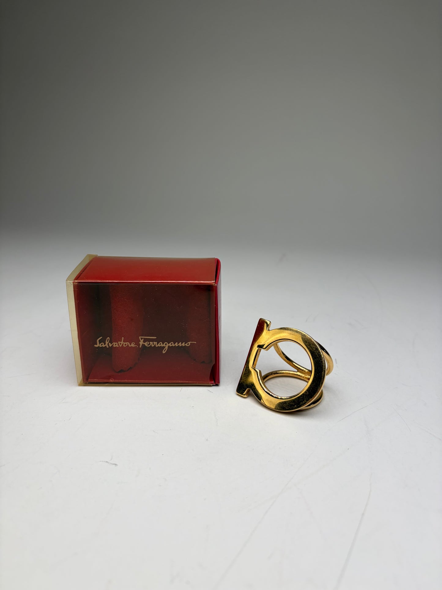 Vintage Ferragamo Gold Metal Ring with Box