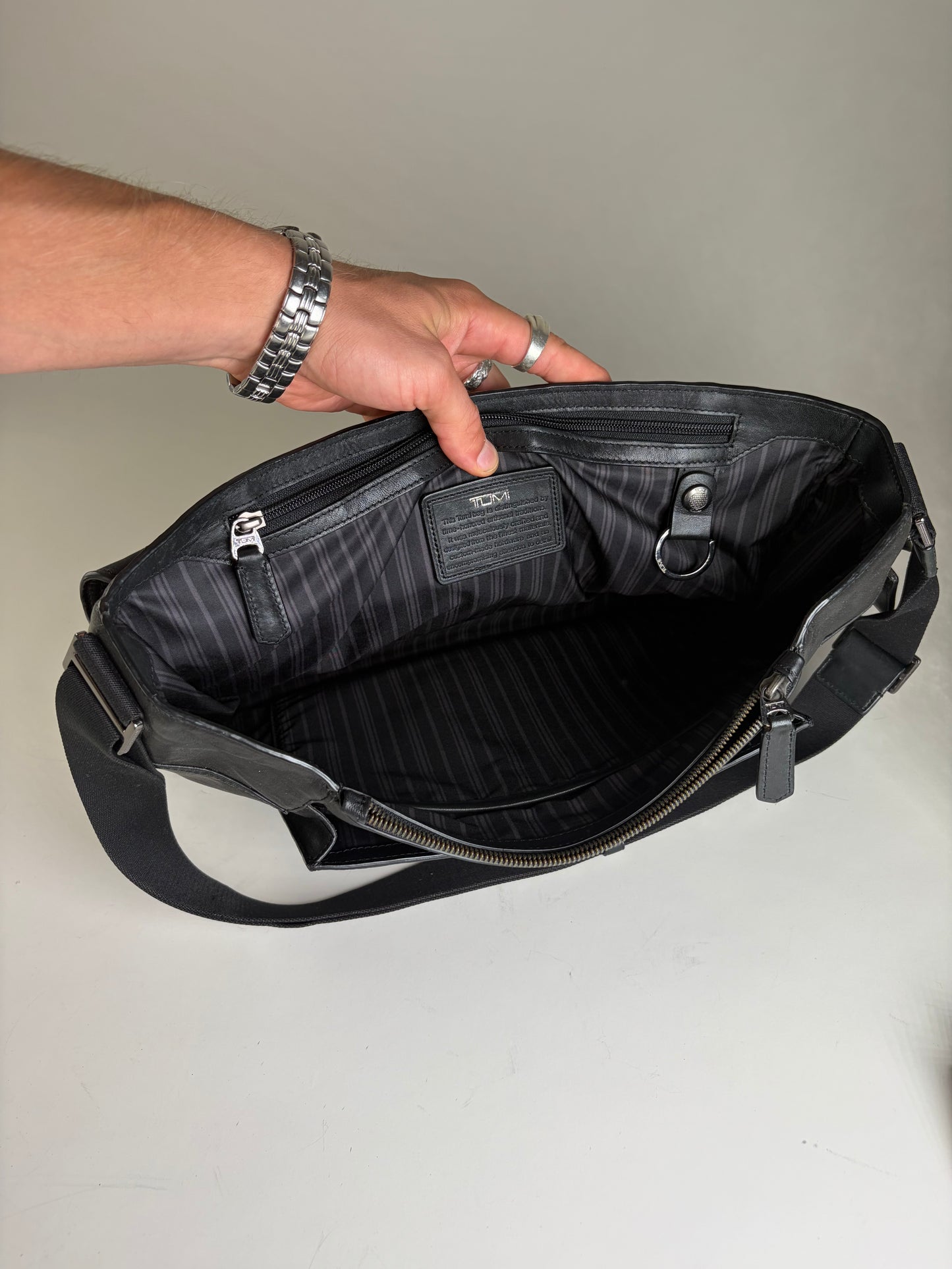 Vintage Tumi Leather Messenger Bag Black Silver