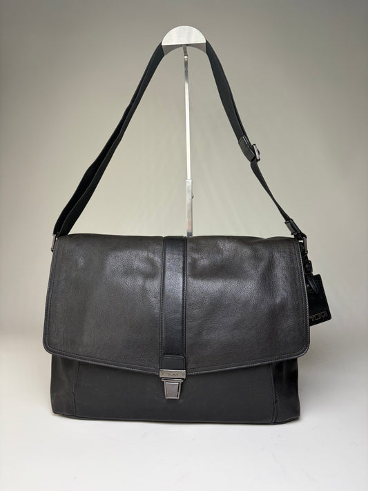 Vintage Tumi Leather Messenger Bag Black Silver