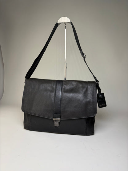 Vintage Tumi Leather Messenger Bag Black Silver