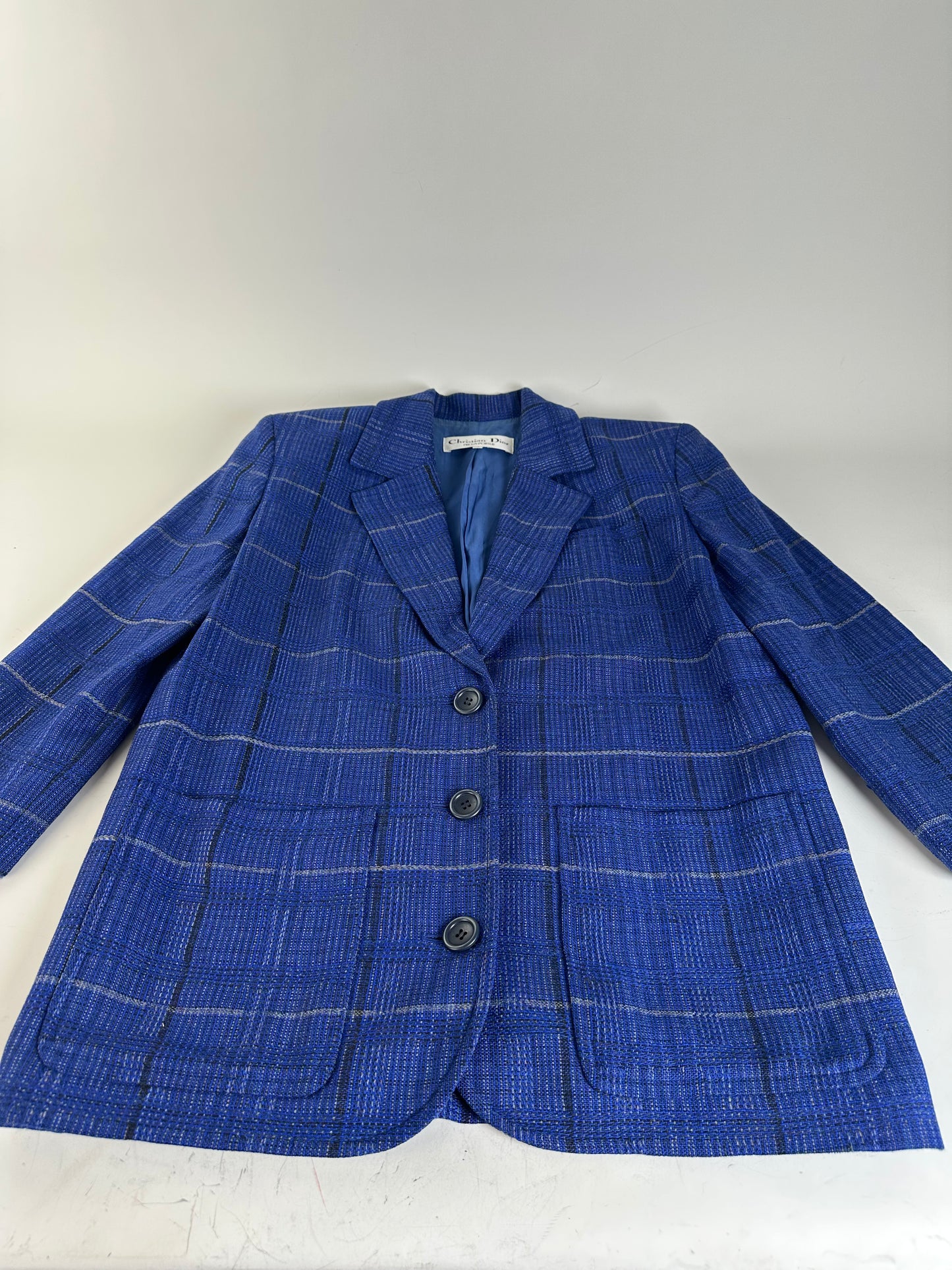 Vintage Dior Checked Wool Blend Blazer Blue L