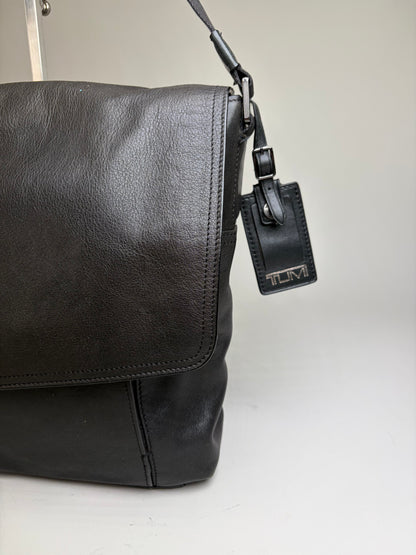 Vintage Tumi Leather Messenger Bag Black Silver