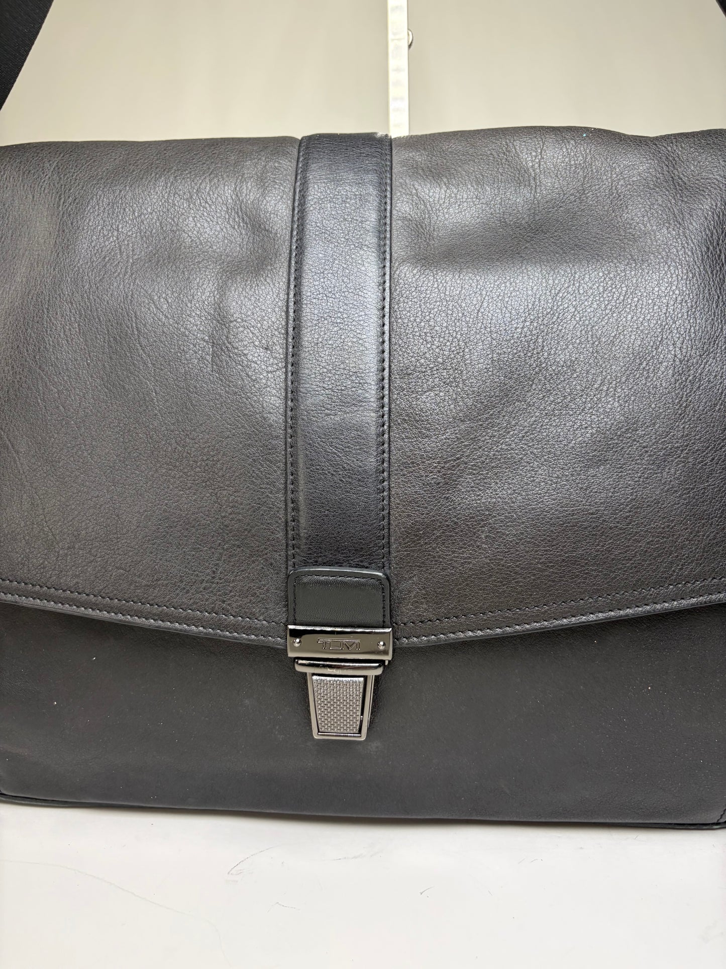 Vintage Tumi Leather Messenger Bag Black Silver