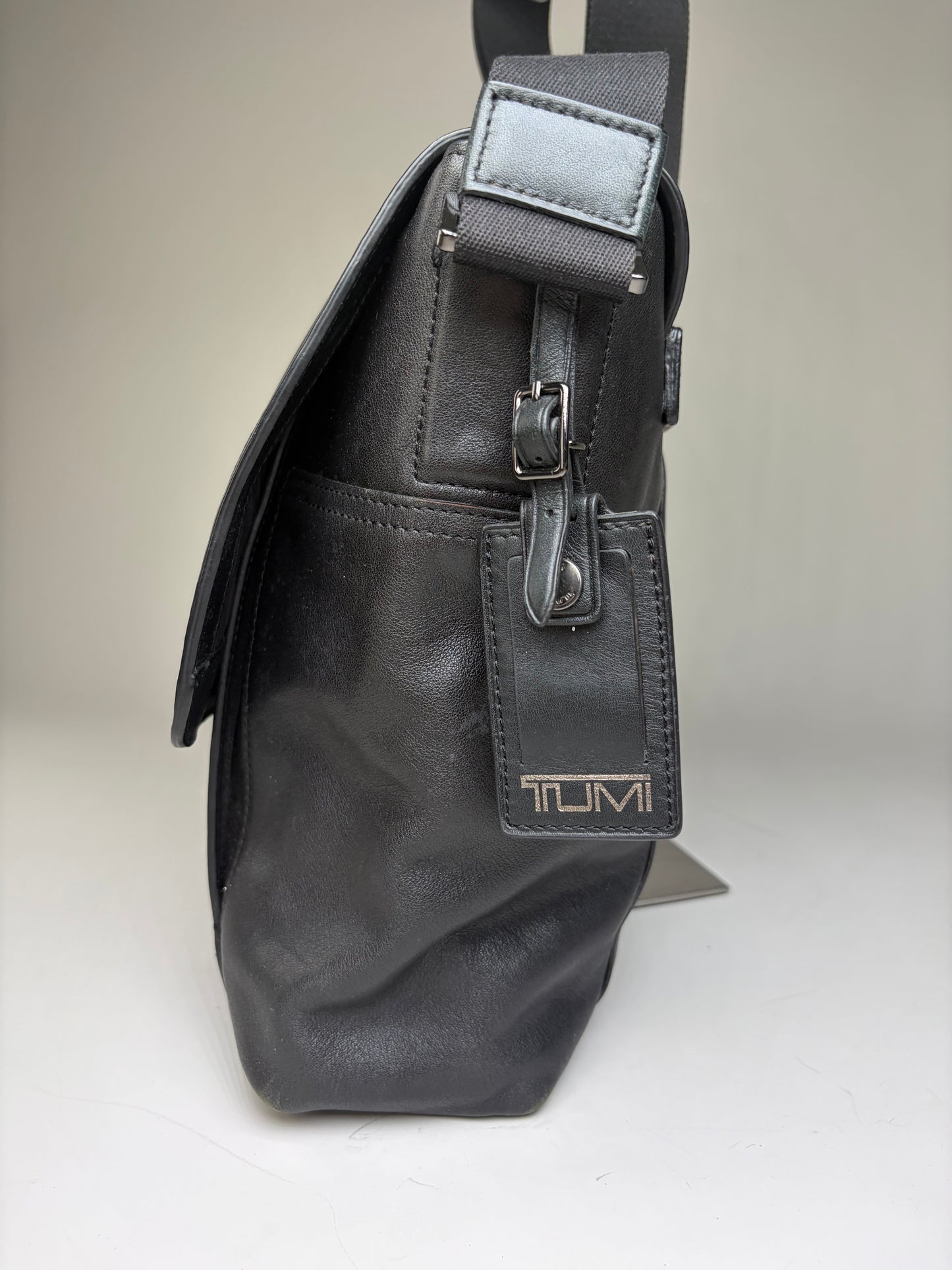 Vintage Tumi Leather Messenger Bag Black Silver