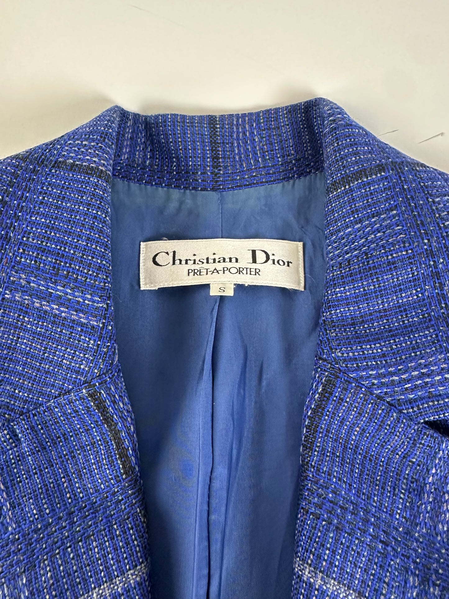 Vintage Dior Checked Wool Blend Blazer Blue L