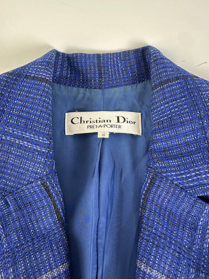 Vintage Dior Checked Wool Blend Blazer Blue L