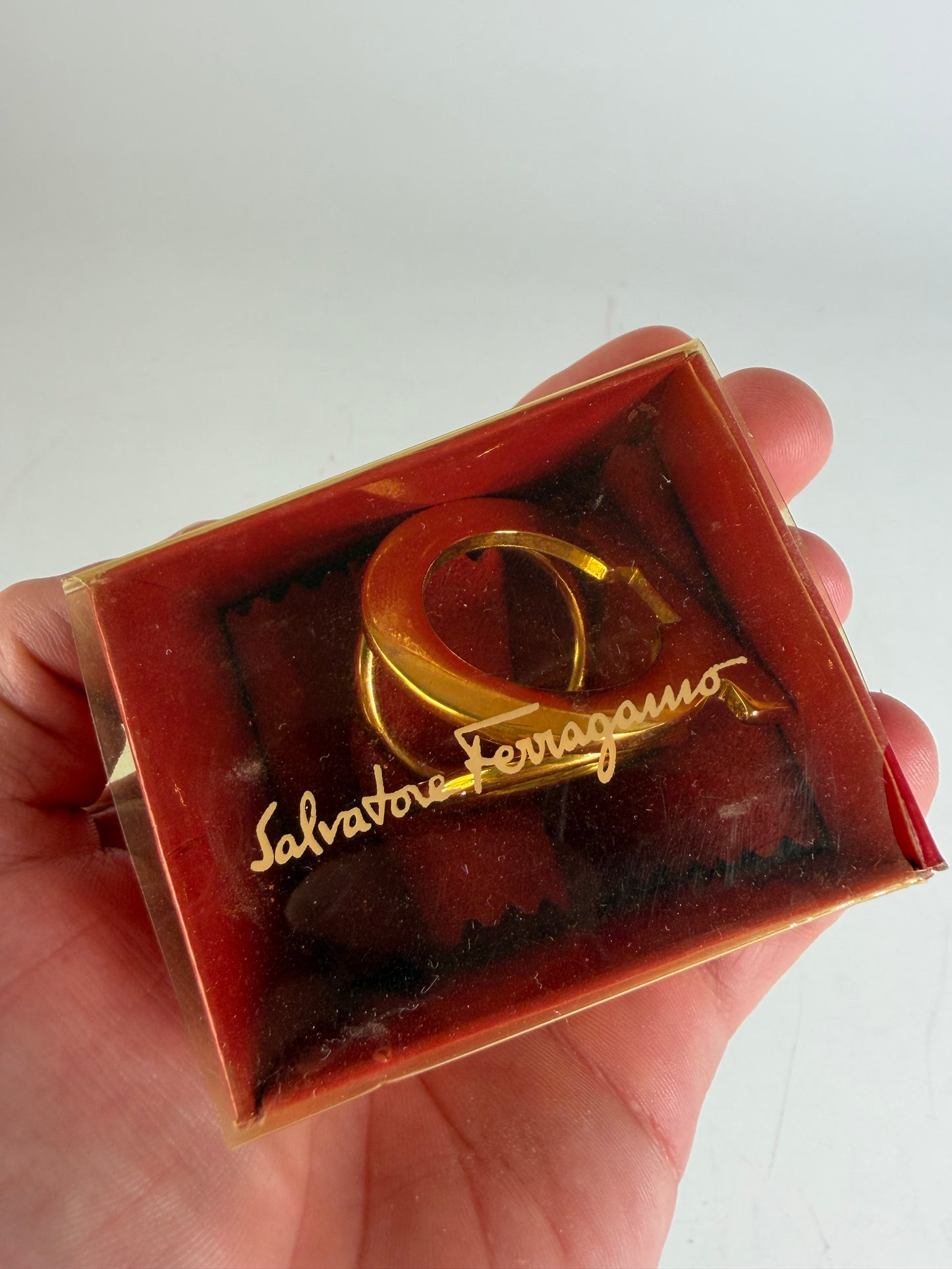 Vintage Ferragamo Gold Metal Ring with Box