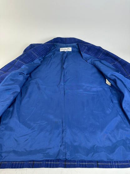 Vintage Dior Checked Wool Blend Blazer Blue L