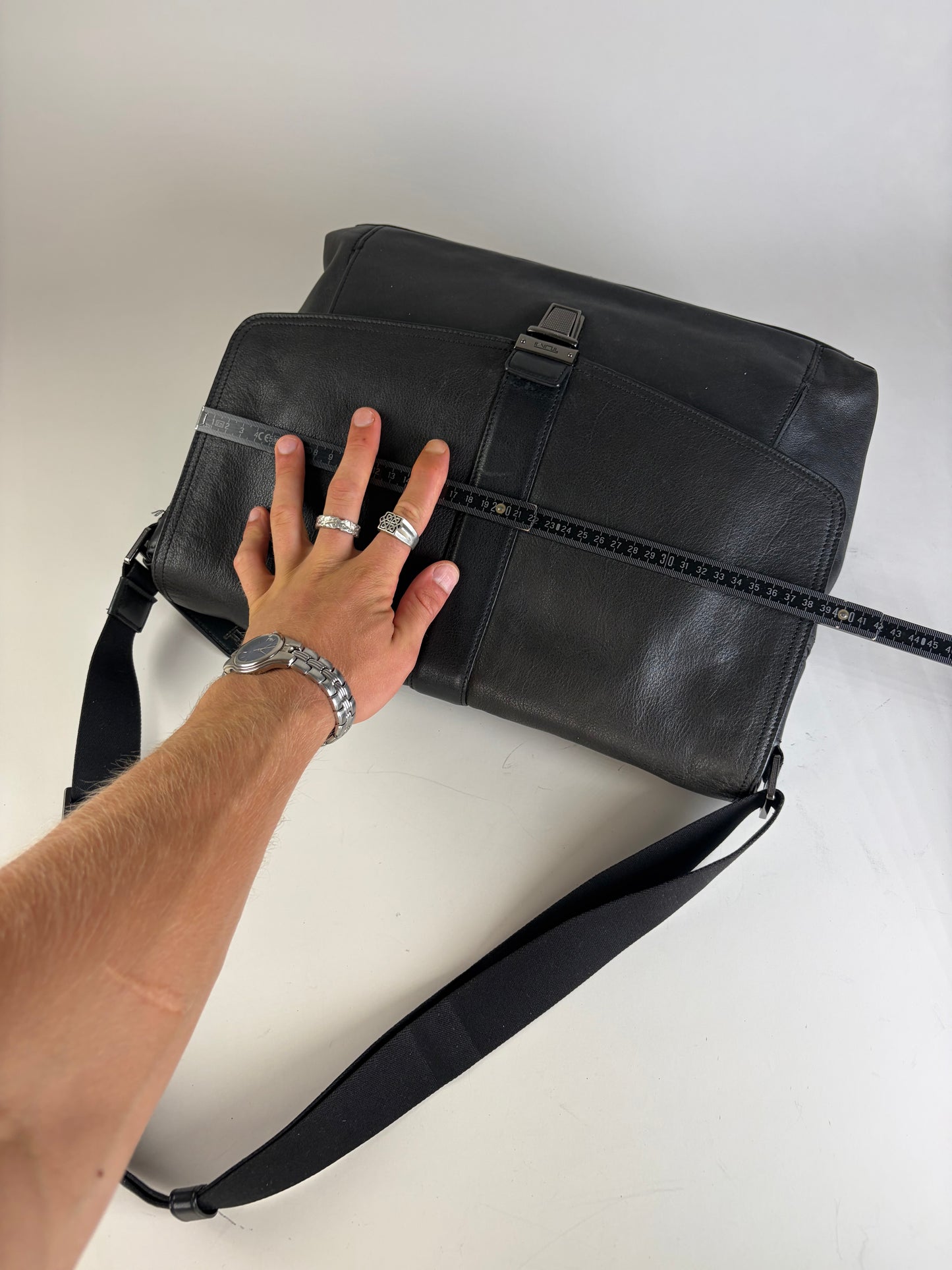Vintage Tumi Leather Messenger Bag Black Silver