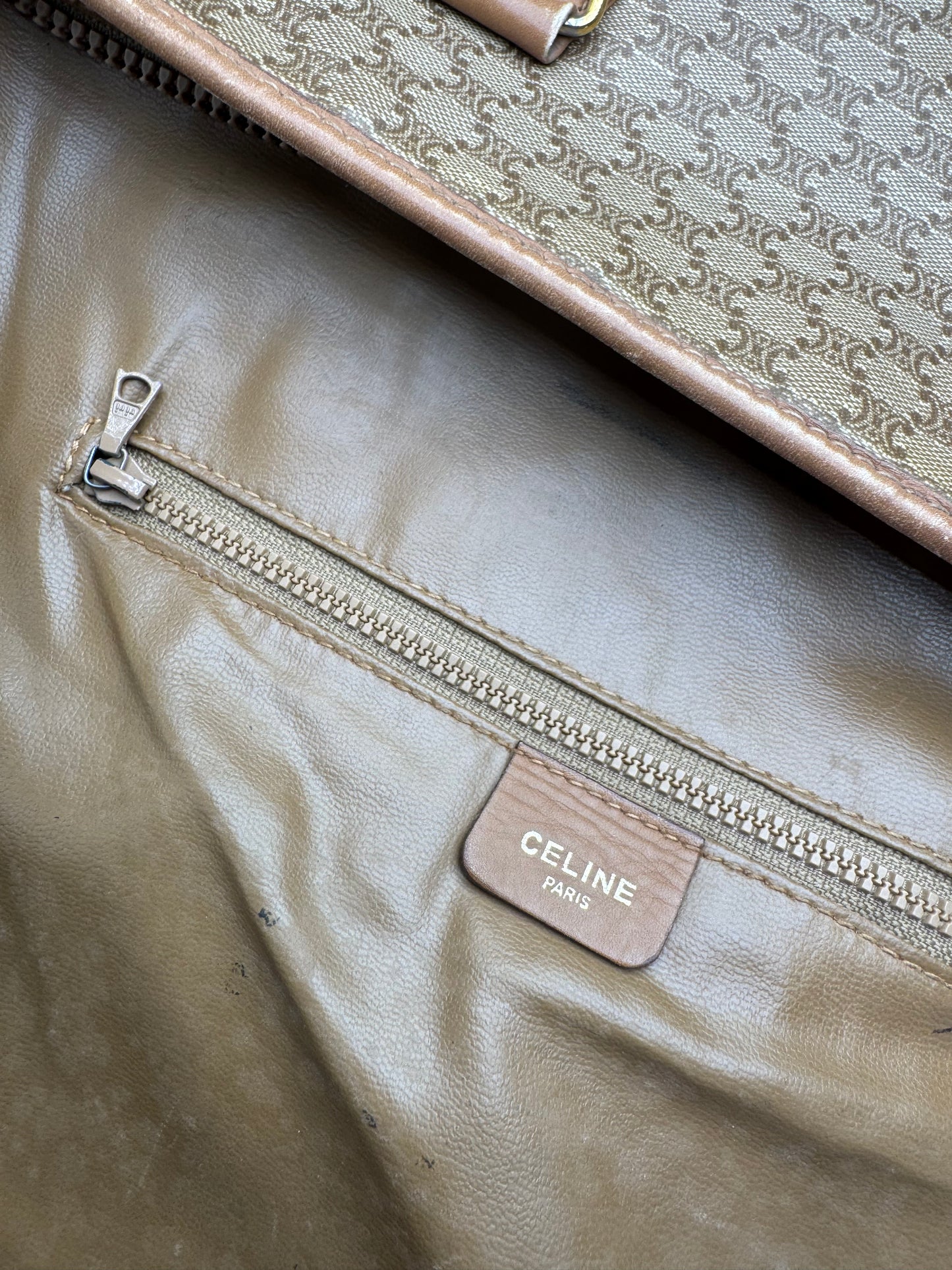 Vintage Celine Macadam Canvas Tote Bag Tan Beige Gold