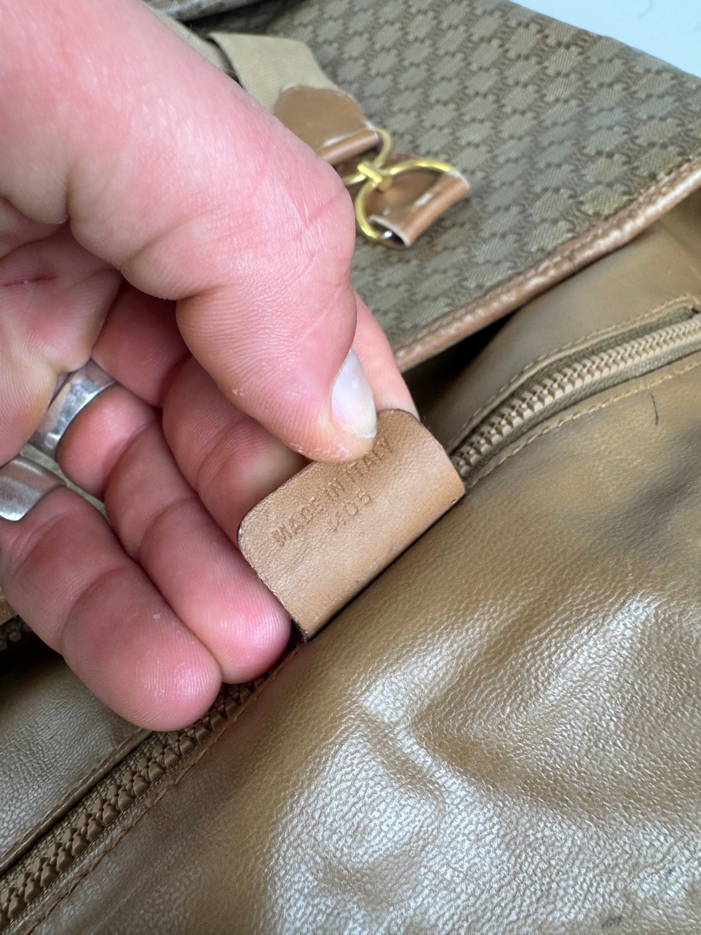 Vintage Celine Macadam Canvas Tote Bag Tan Beige Gold