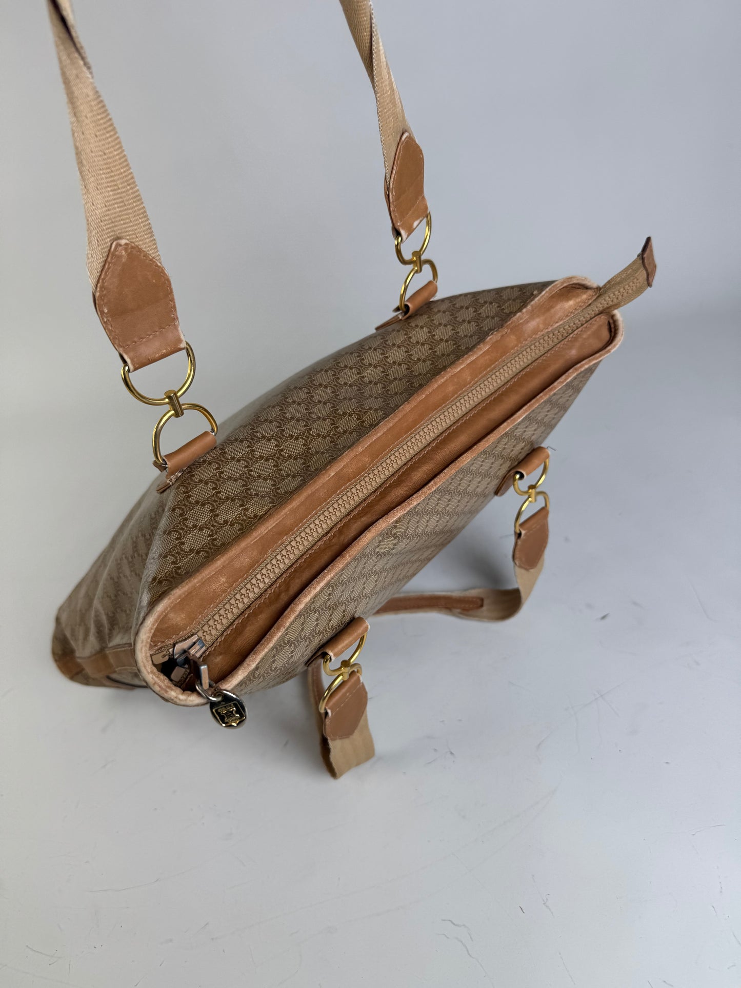 Vintage Celine Macadam Canvas Tote Bag Tan Beige Gold