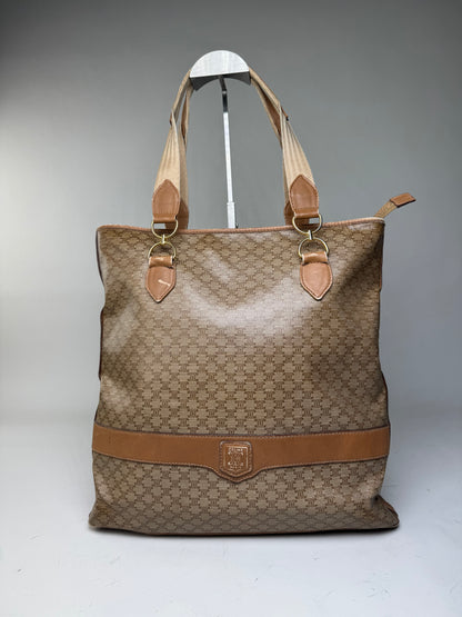 Vintage Celine Macadam Canvas Tote Bag Tan Beige Gold