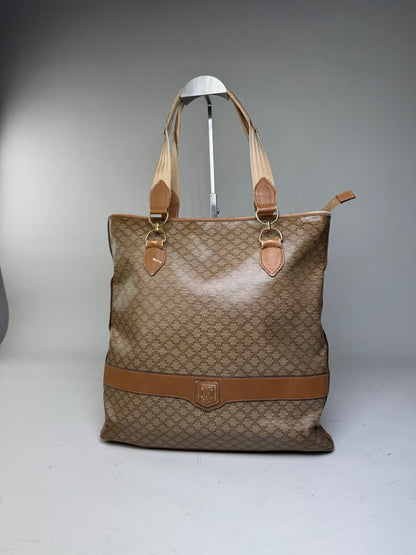 Vintage Celine Macadam Canvas Tote Bag Tan Beige Gold
