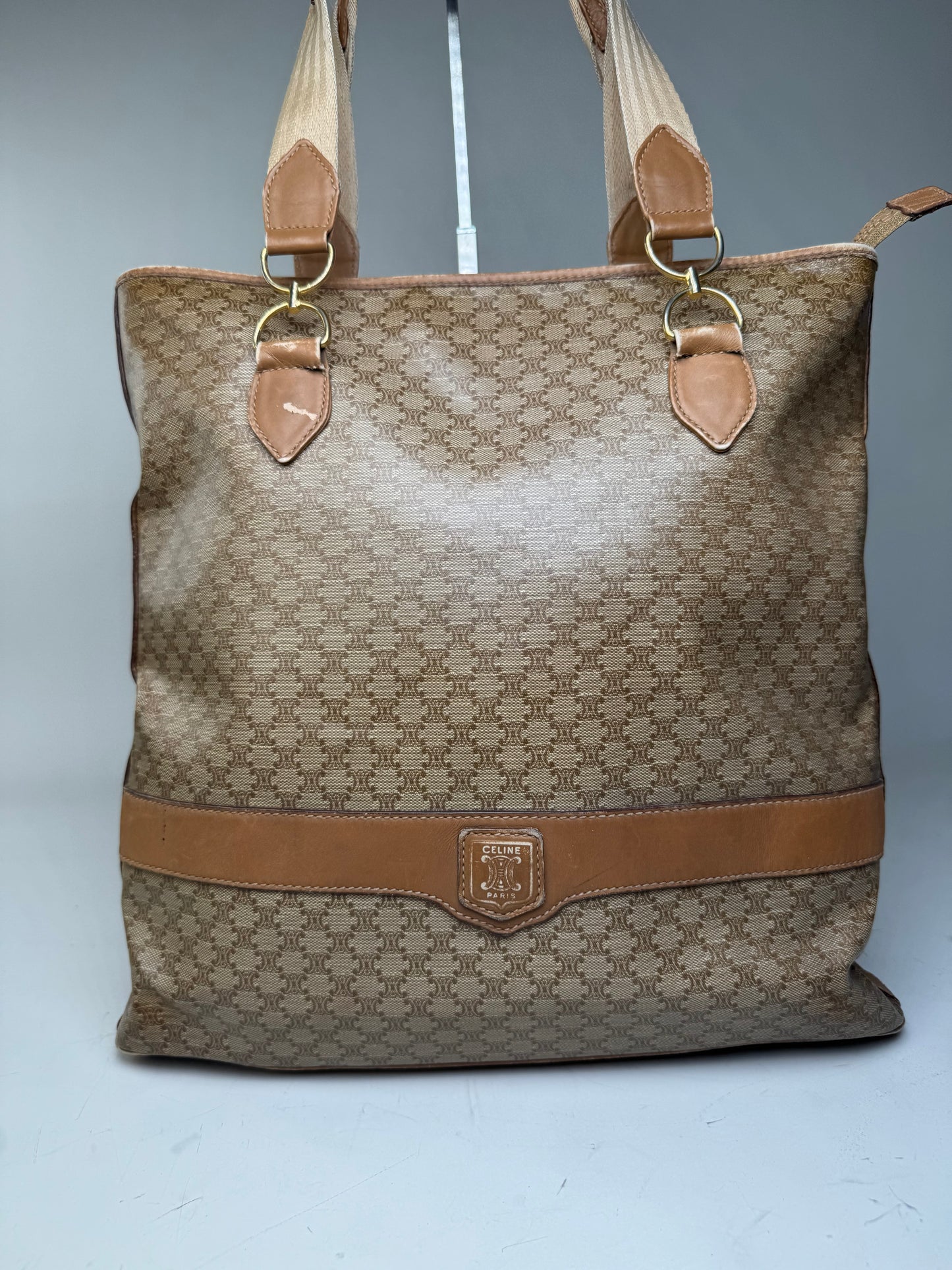Vintage Celine Macadam Canvas Tote Bag Tan Beige Gold