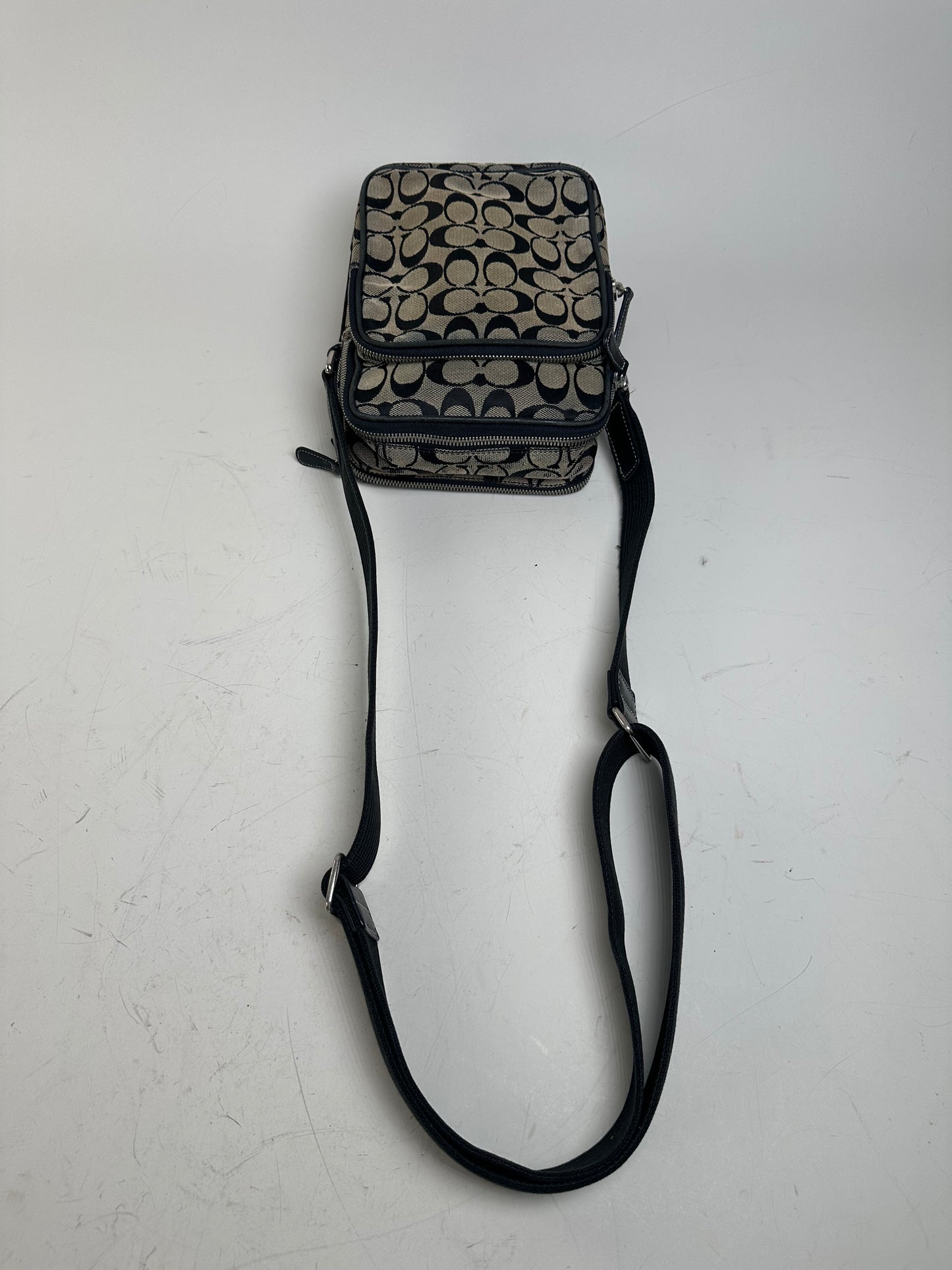 Vintage Coach Canvas Crossbody Bag Beige Black Silver