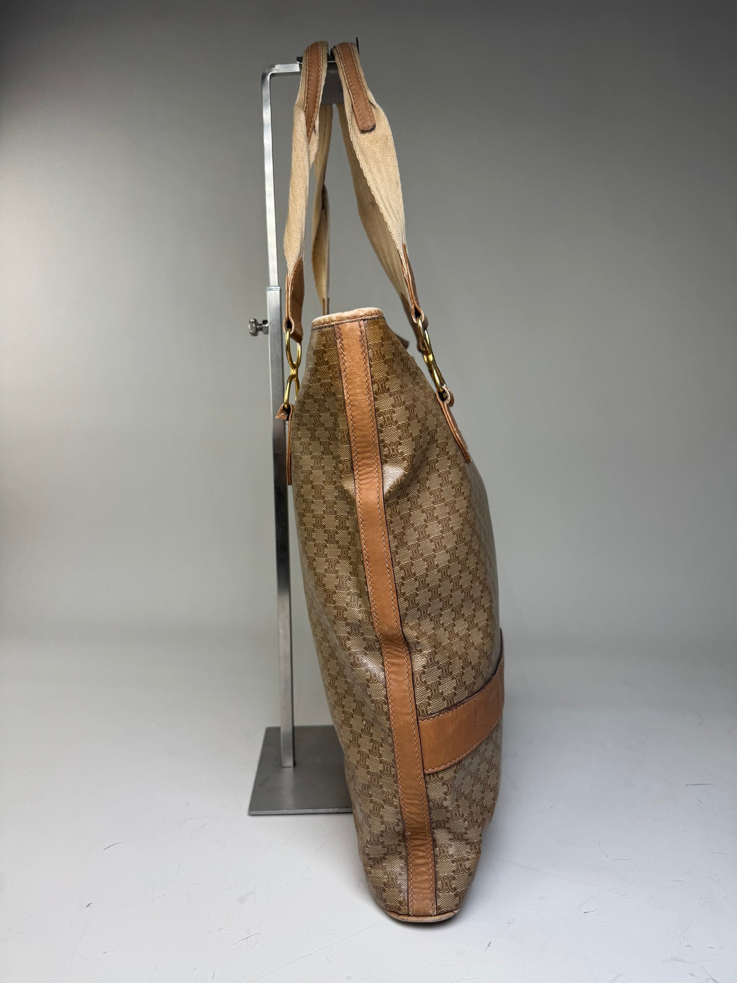 Vintage Celine Macadam Canvas Tote Bag Tan Beige Gold