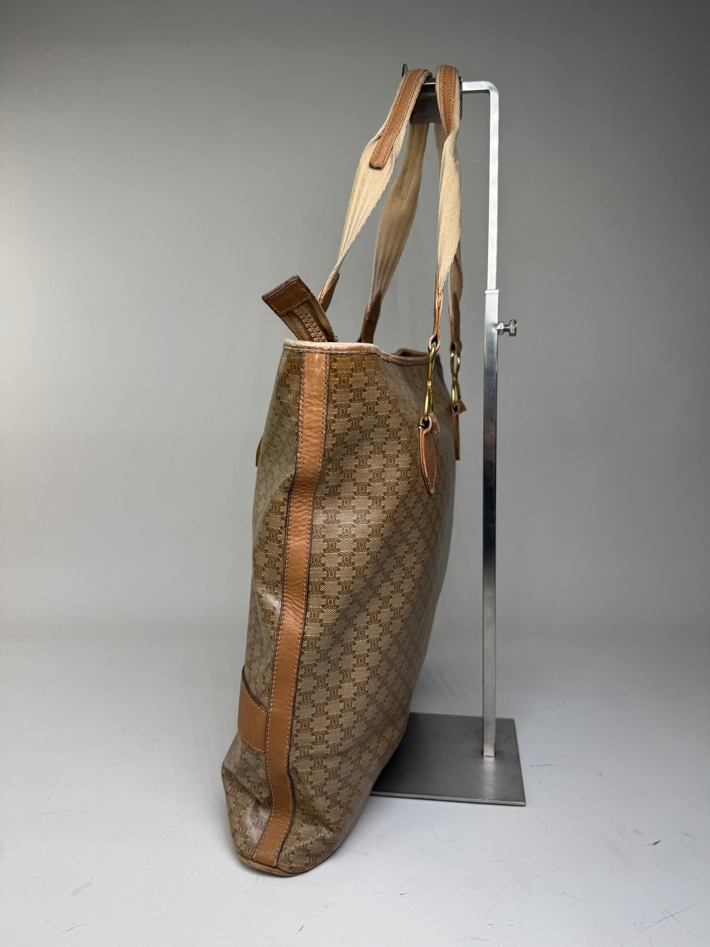 Vintage Celine Macadam Canvas Tote Bag Tan Beige Gold