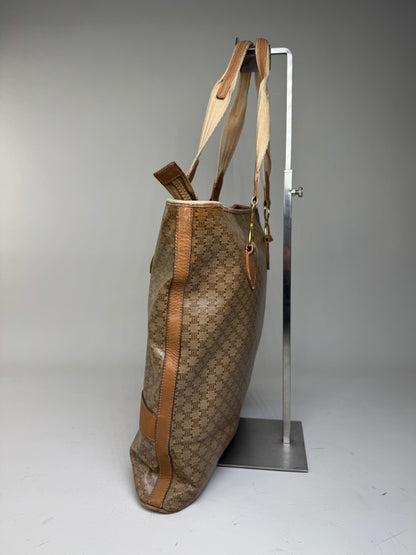 Vintage Celine Macadam Canvas Tote Bag Tan Beige Gold