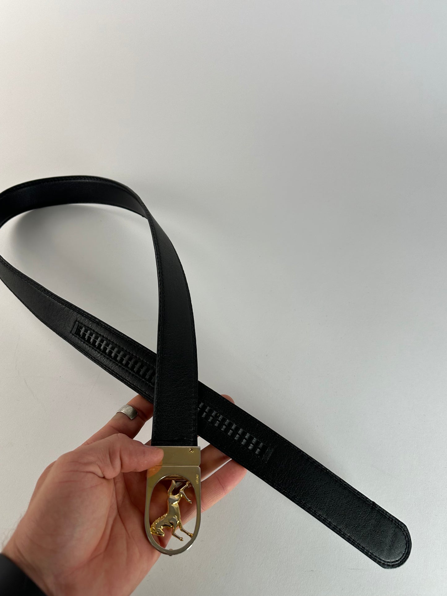 Vintage Celine Paris Carriage Logo Leather Belt Black