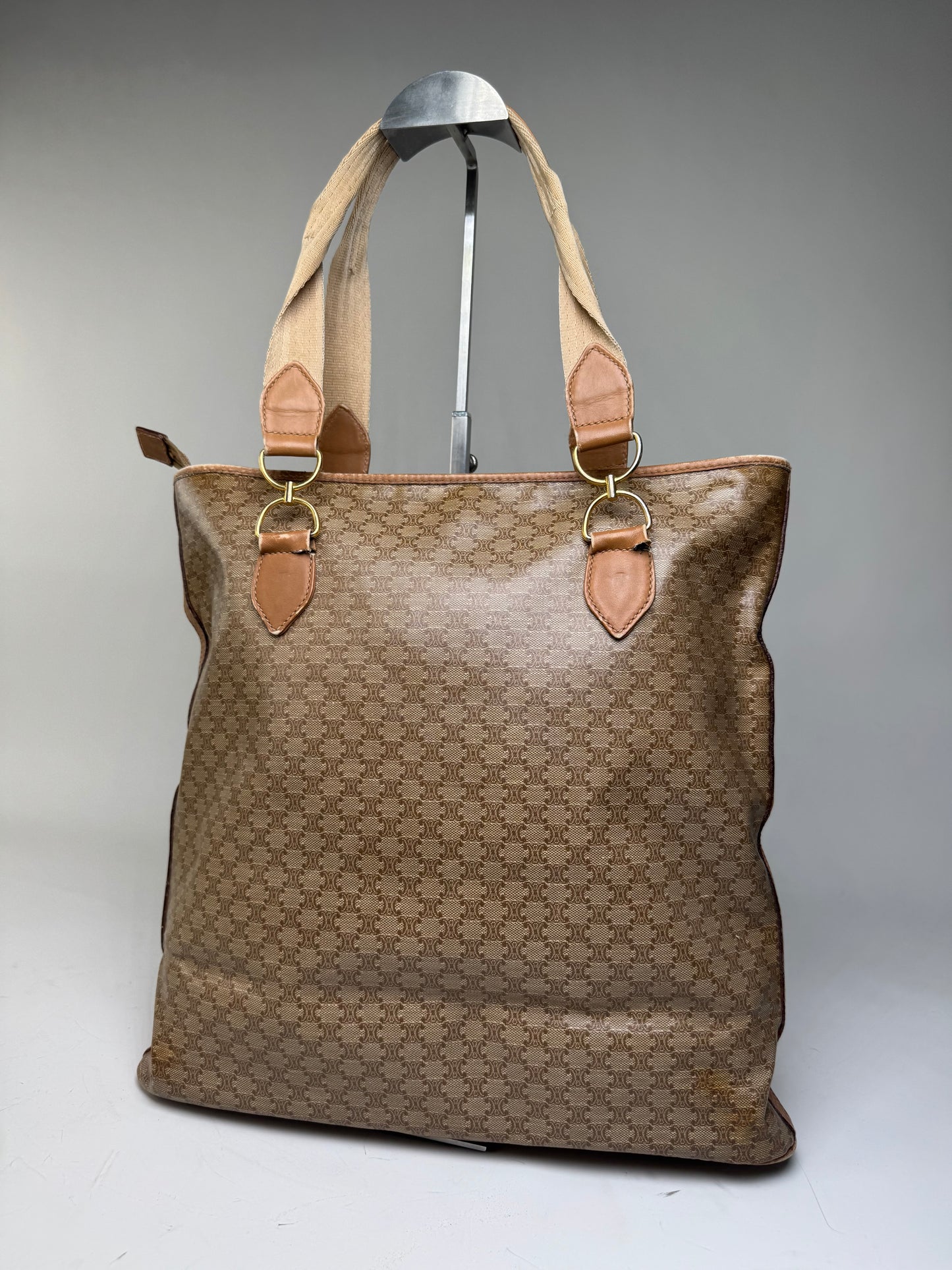 Vintage Celine Macadam Canvas Tote Bag Tan Beige Gold