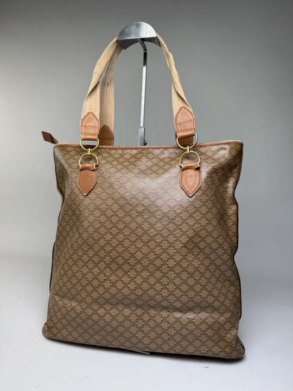 Vintage Celine Macadam Canvas Tote Bag Tan Beige Gold