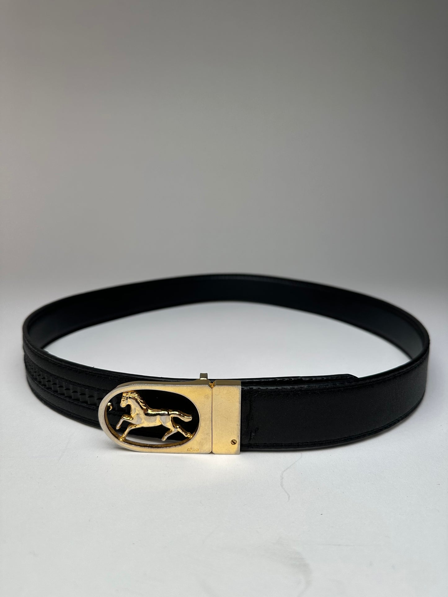 Vintage Celine Paris Carriage Logo Leather Belt Black