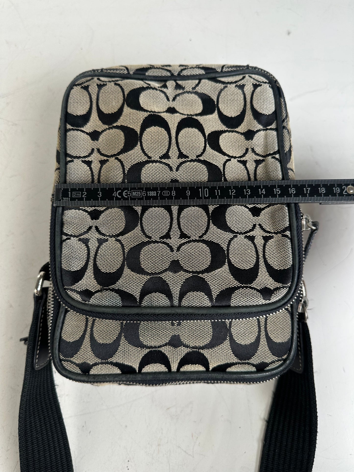 Vintage Coach Canvas Crossbody Bag Beige Black Silver