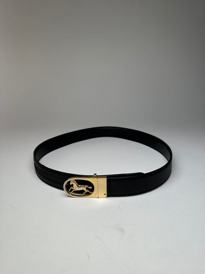Vintage Celine Paris Carriage Logo Leather Belt Black