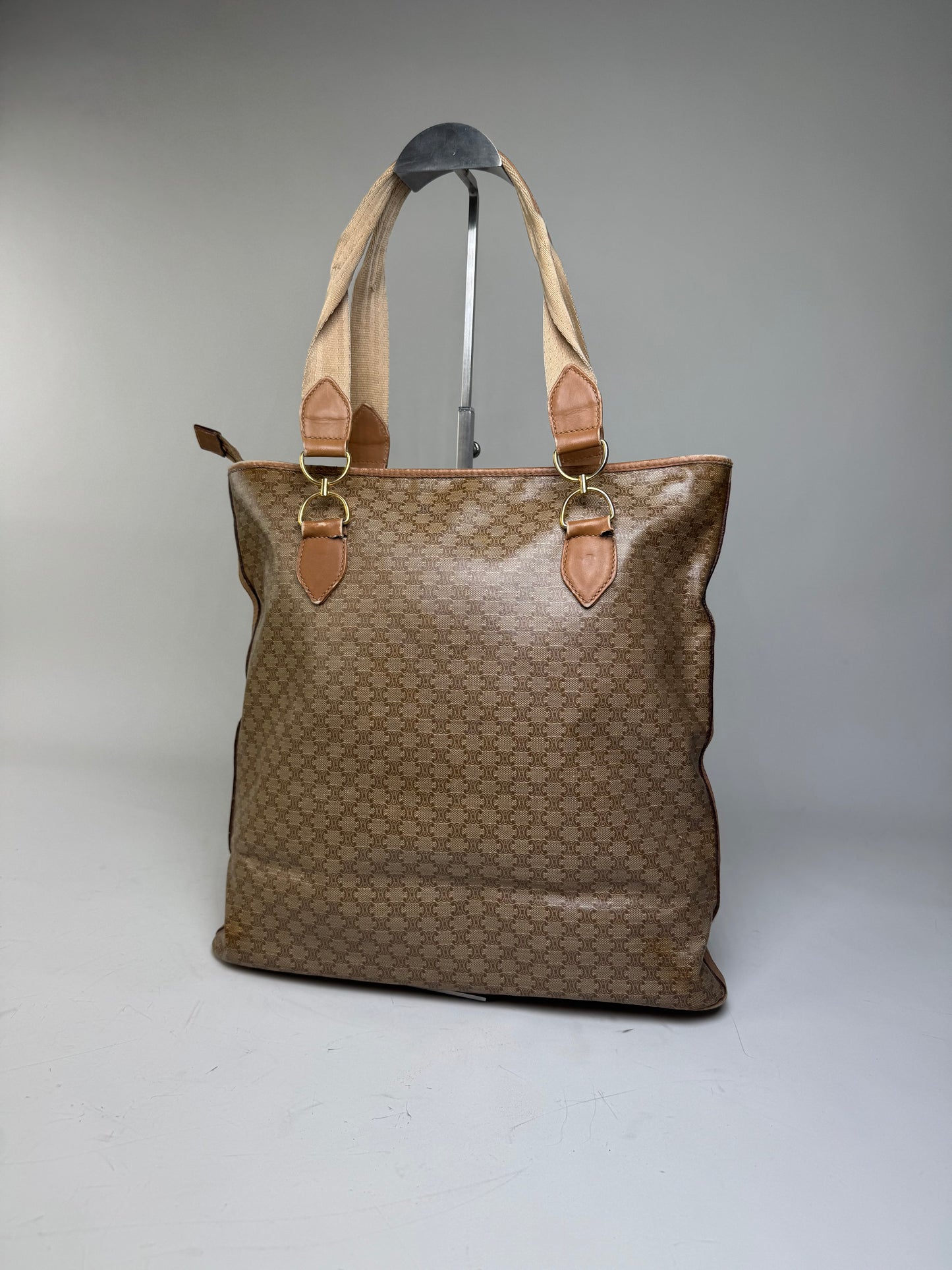 Vintage Celine Macadam Canvas Tote Bag Tan Beige Gold