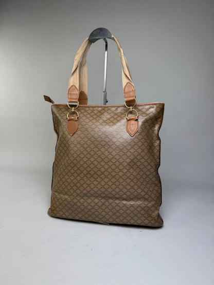 Vintage Celine Macadam Canvas Tote Bag Tan Beige Gold
