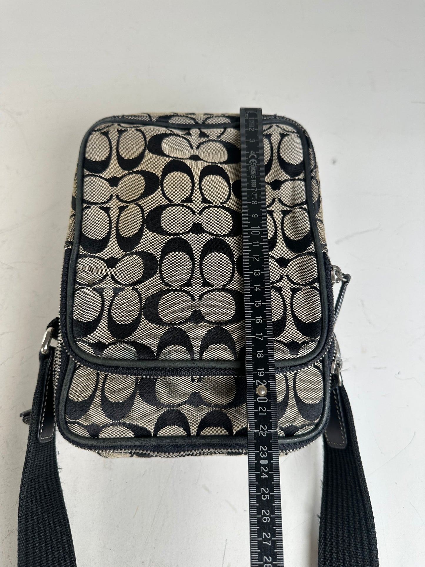 Vintage Coach Canvas Crossbody Bag Beige Black Silver