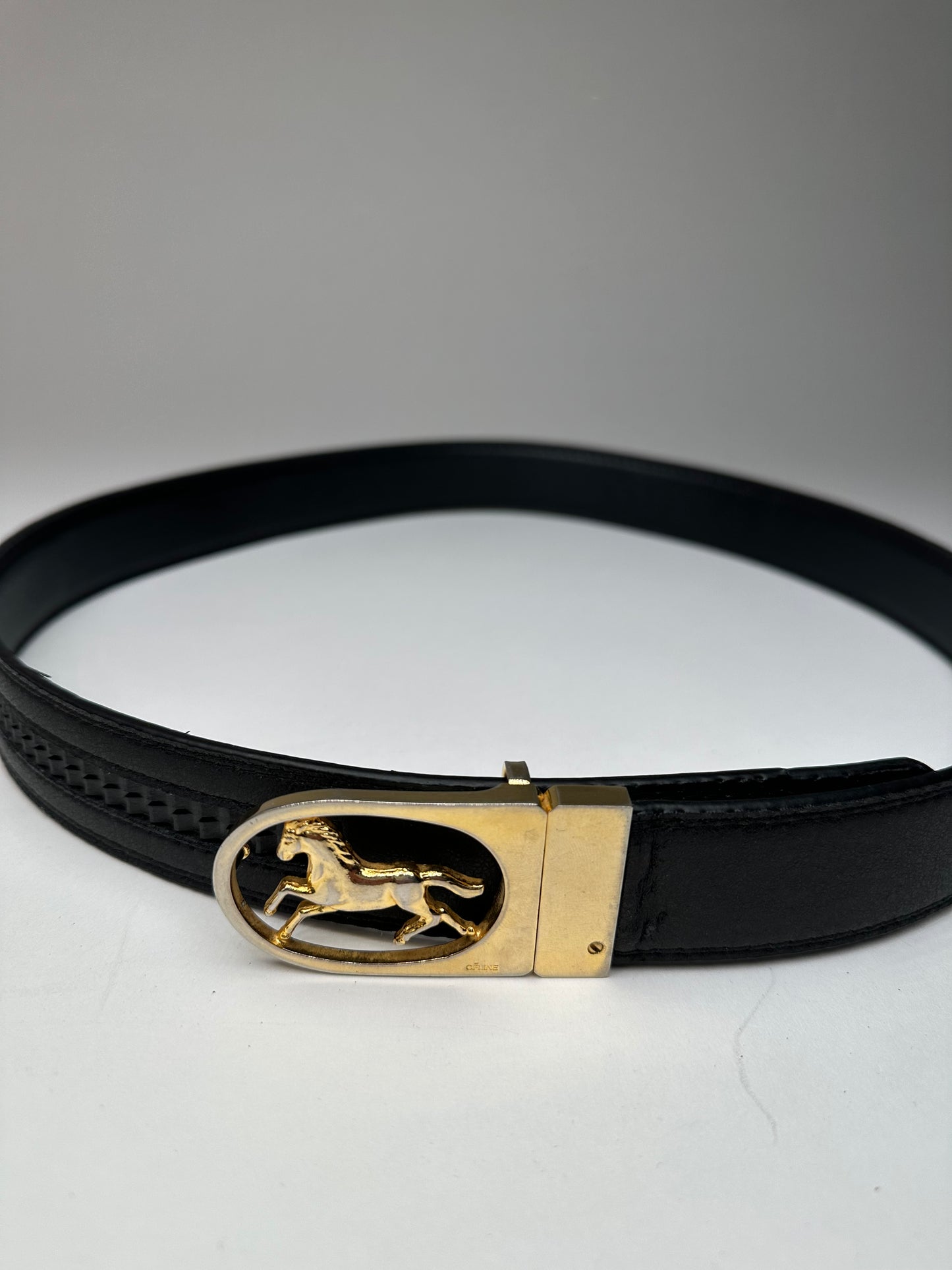 Vintage Celine Paris Carriage Logo Leather Belt Black