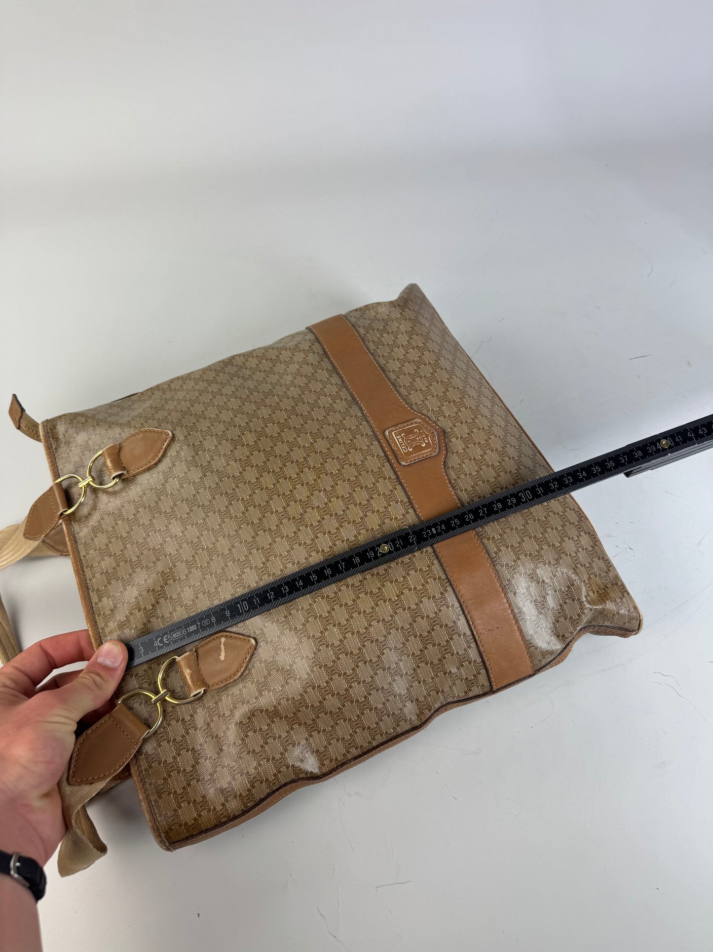 Vintage Celine Macadam Canvas Tote Bag Tan Beige Gold