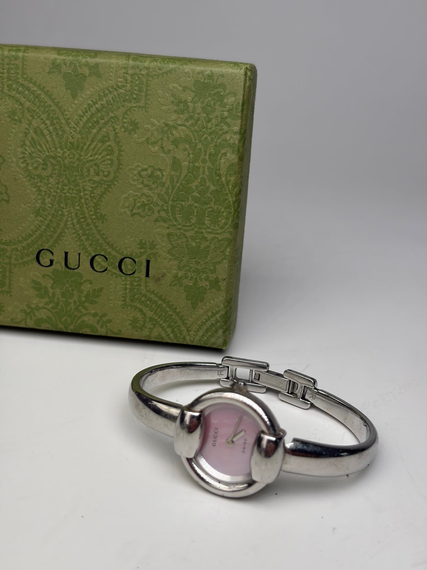 Vintage Gucci Stainless Steel Bracelet Watch Pink Dial Silver