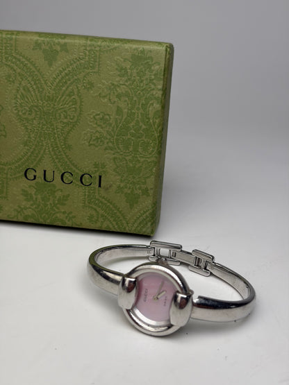 Vintage Gucci Stainless Steel Bracelet Watch Pink Dial Silver
