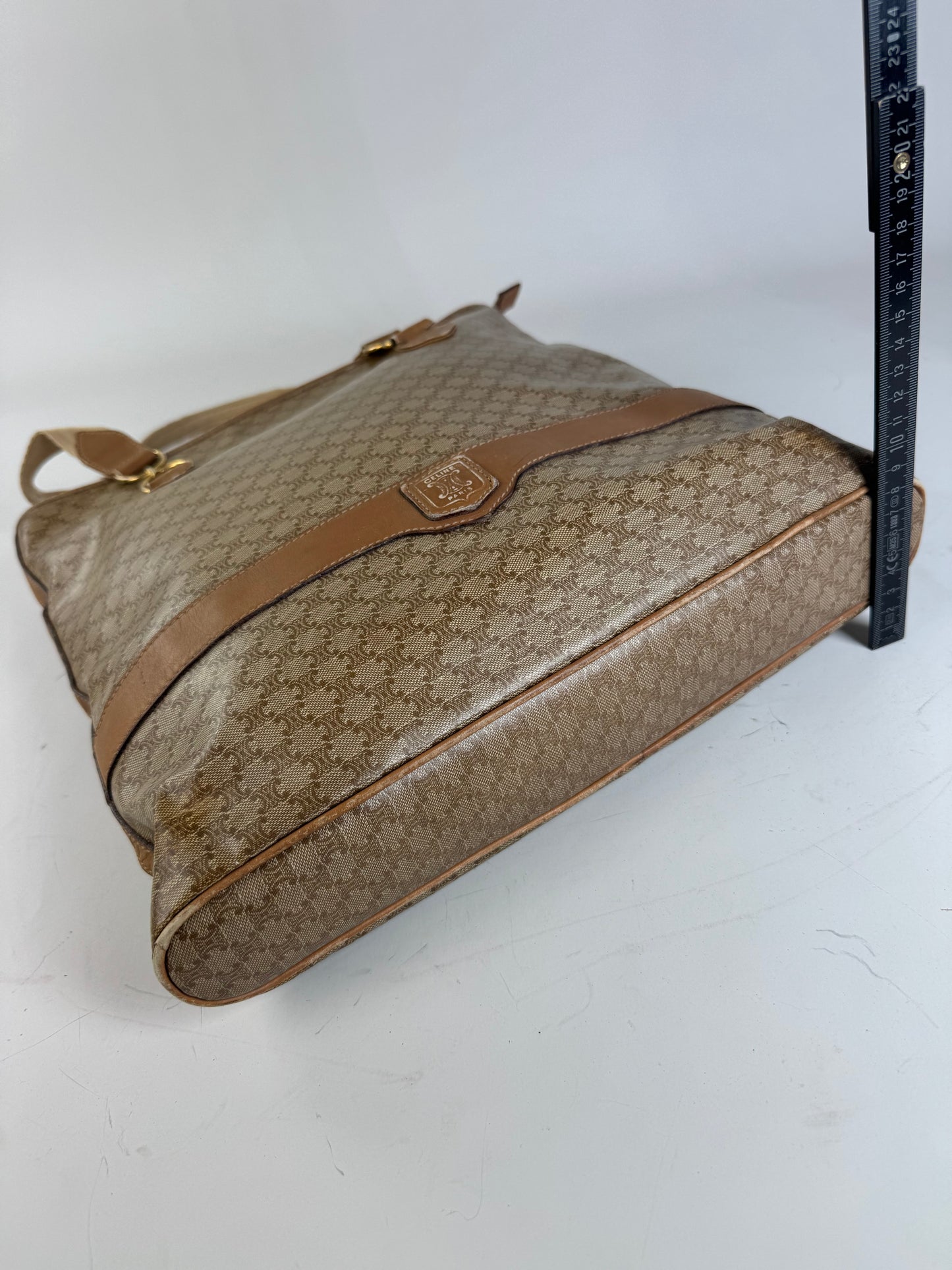 Vintage Celine Macadam Canvas Tote Bag Tan Beige Gold
