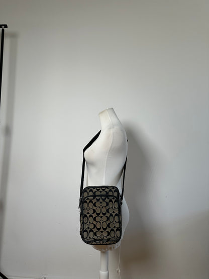 Vintage Coach Canvas Crossbody Bag Beige Black Silver