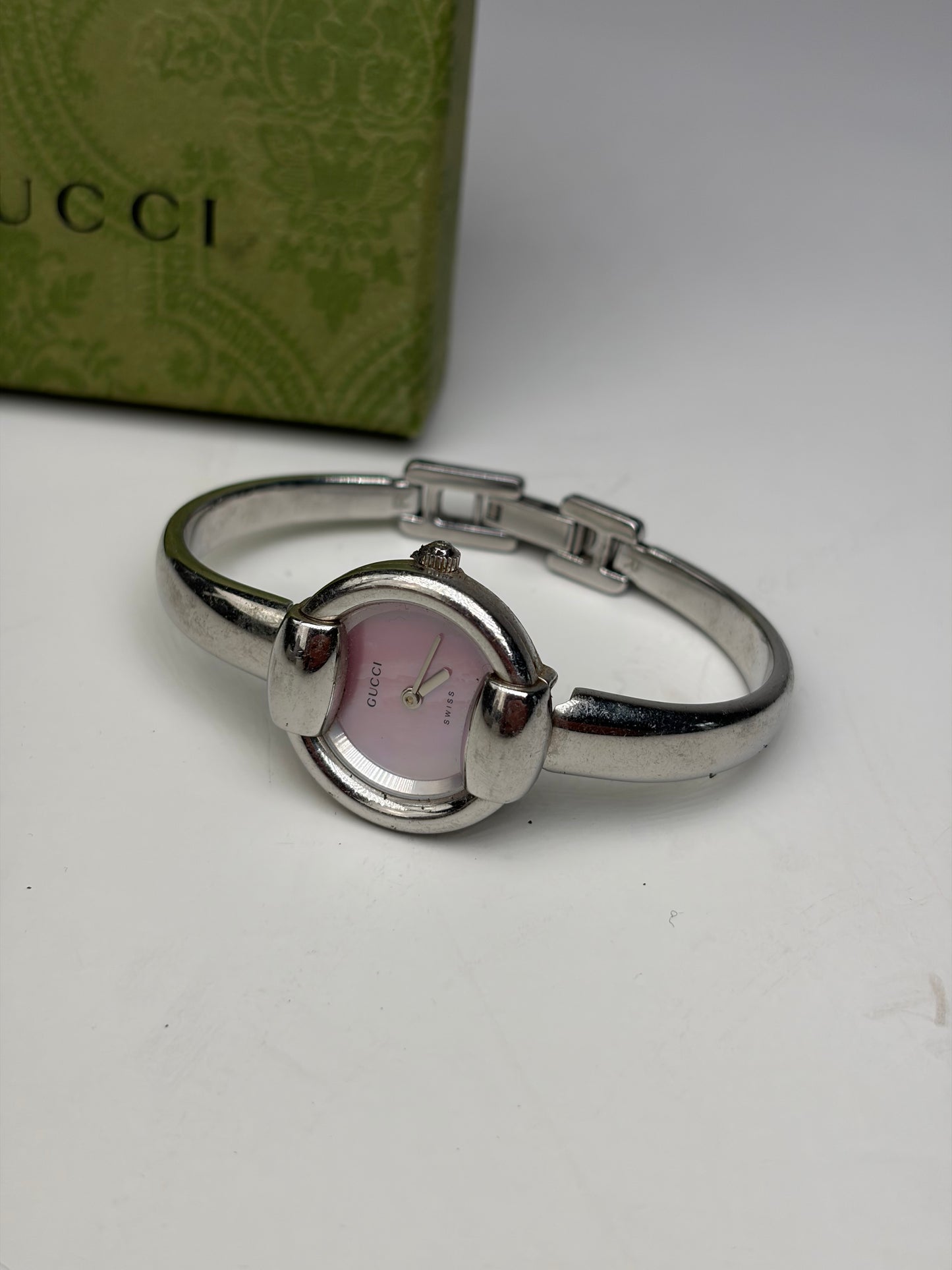 Vintage Gucci Stainless Steel Bracelet Watch Pink Dial Silver