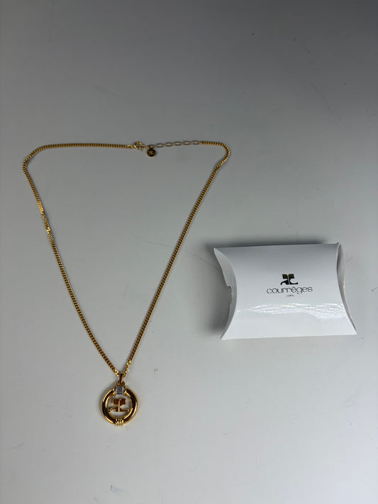 Vintage Courreges Logo Pendant Necklace Gold-Tone Metal