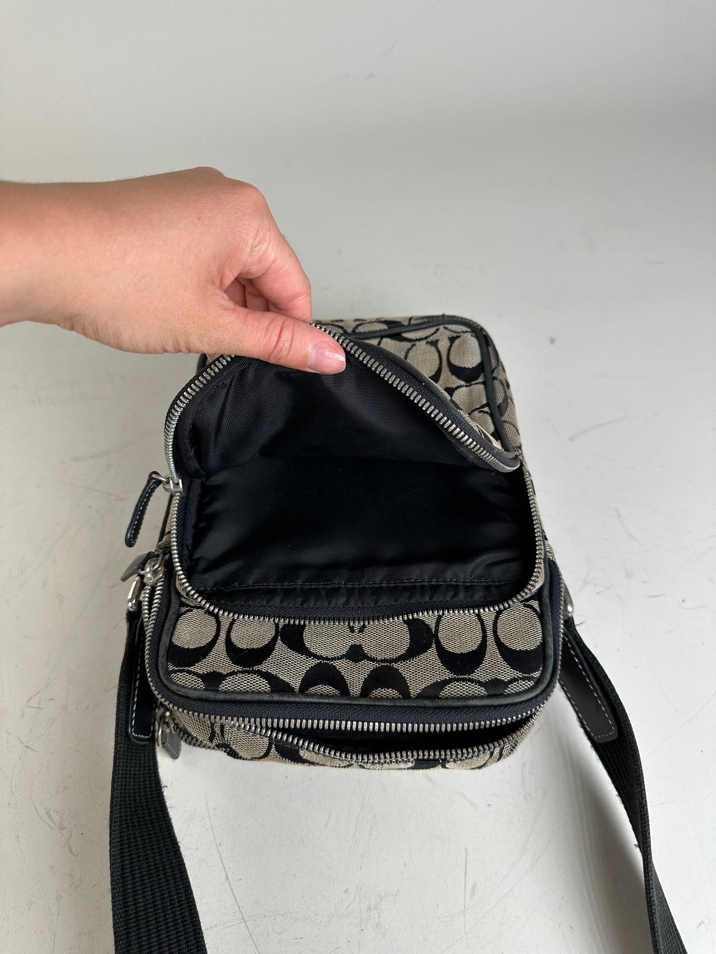 Vintage Coach Canvas Crossbody Bag Beige Black Silver
