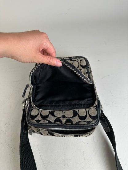 Vintage Coach Canvas Crossbody Bag Beige Black Silver