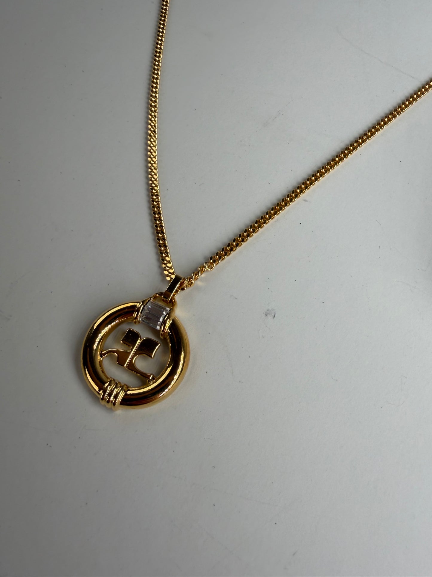 Vintage Courreges Logo Pendant Necklace Gold-Tone Metal