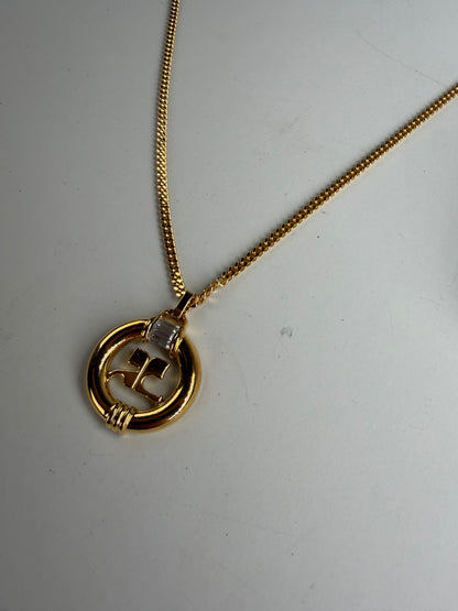 Vintage Courreges Logo Pendant Necklace Gold-Tone Metal