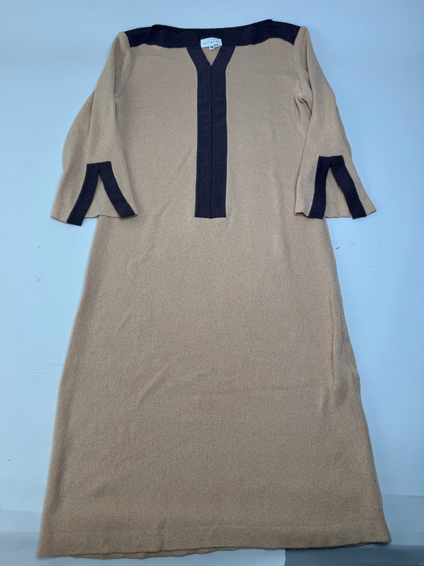 Vintage Balenciaga Rayon Knit Dress Beige Navy M