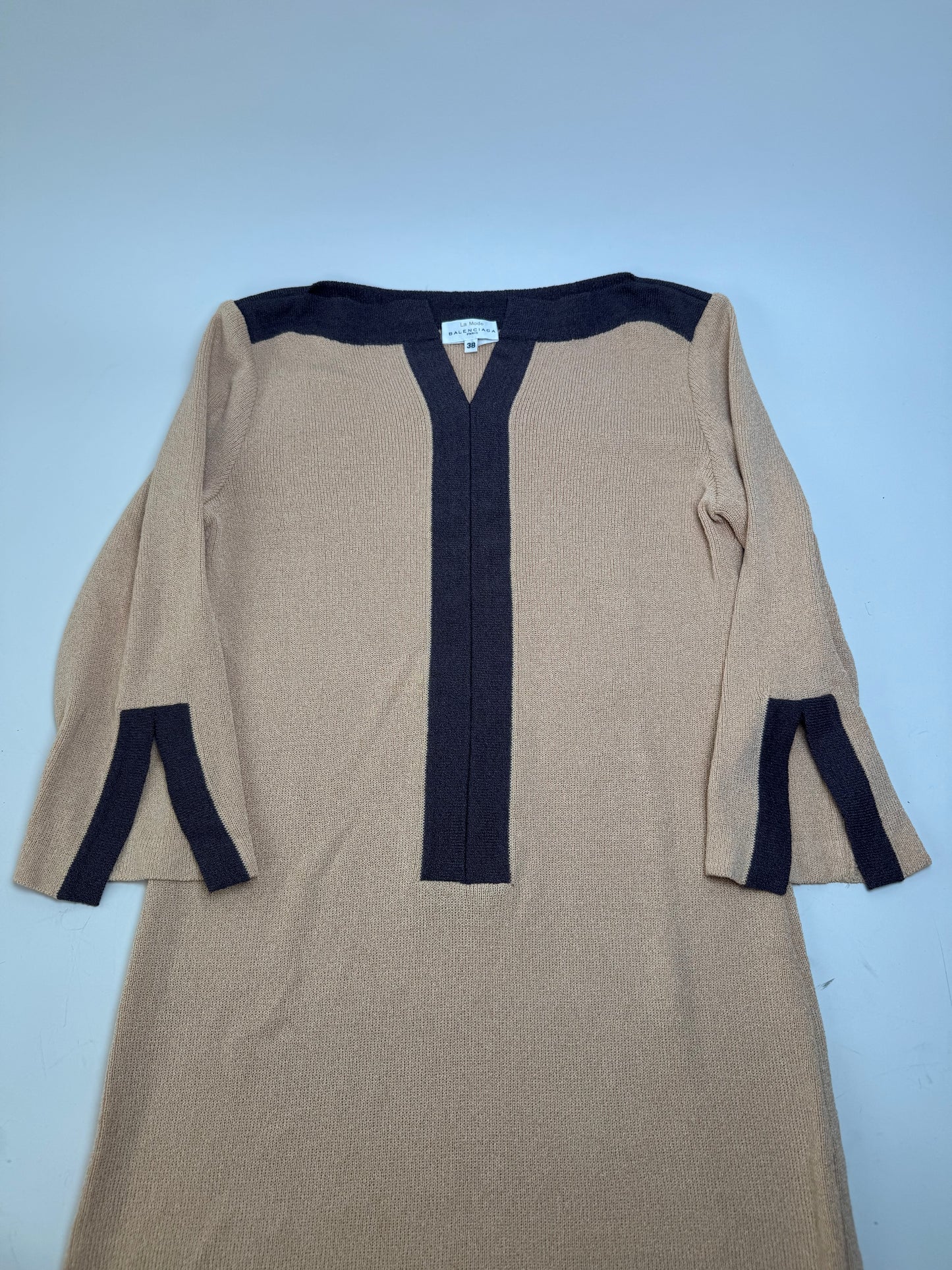 Vintage Balenciaga Rayon Knit Dress Beige Navy M