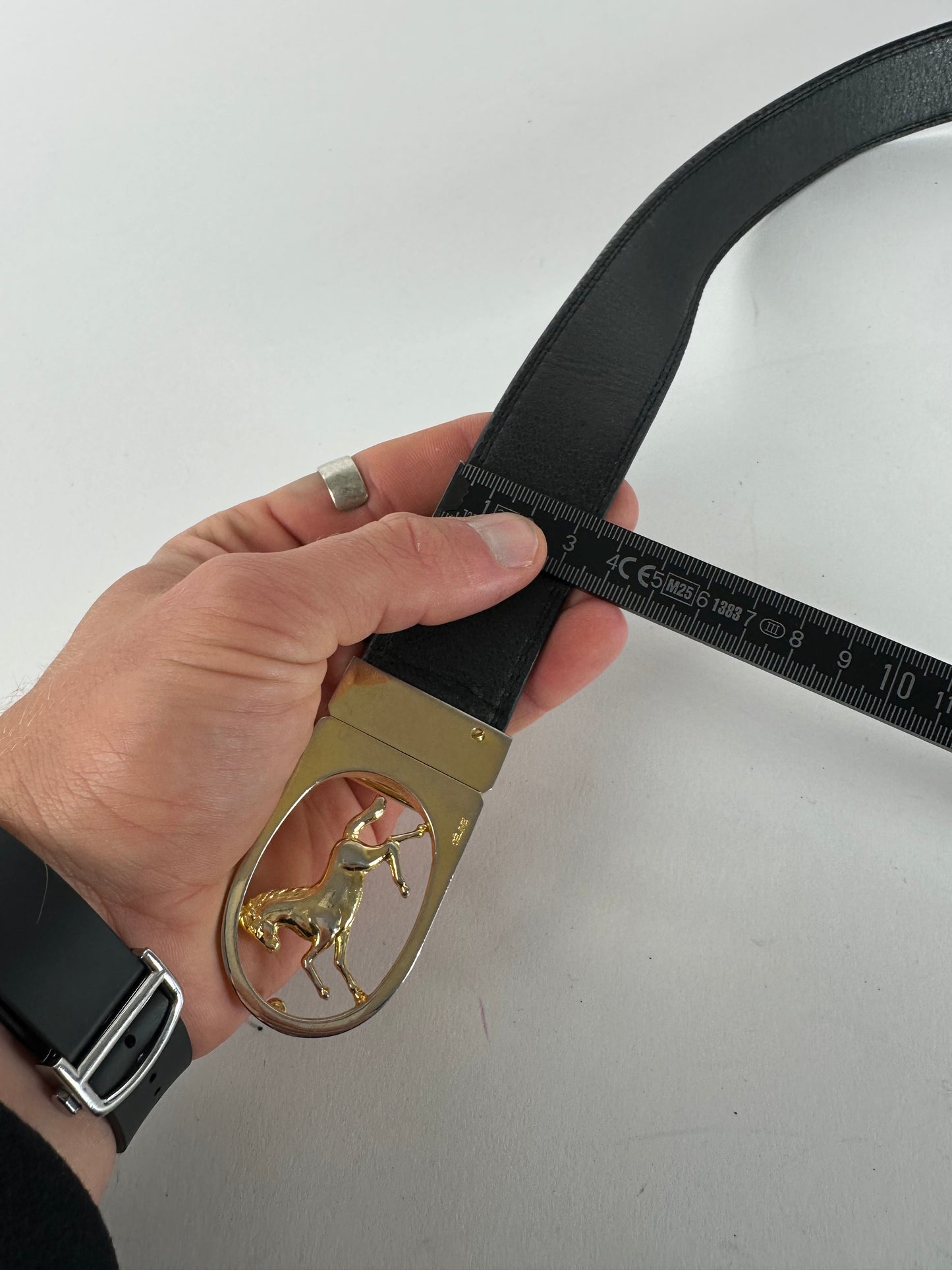 Vintage Celine Paris Carriage Logo Leather Belt Black